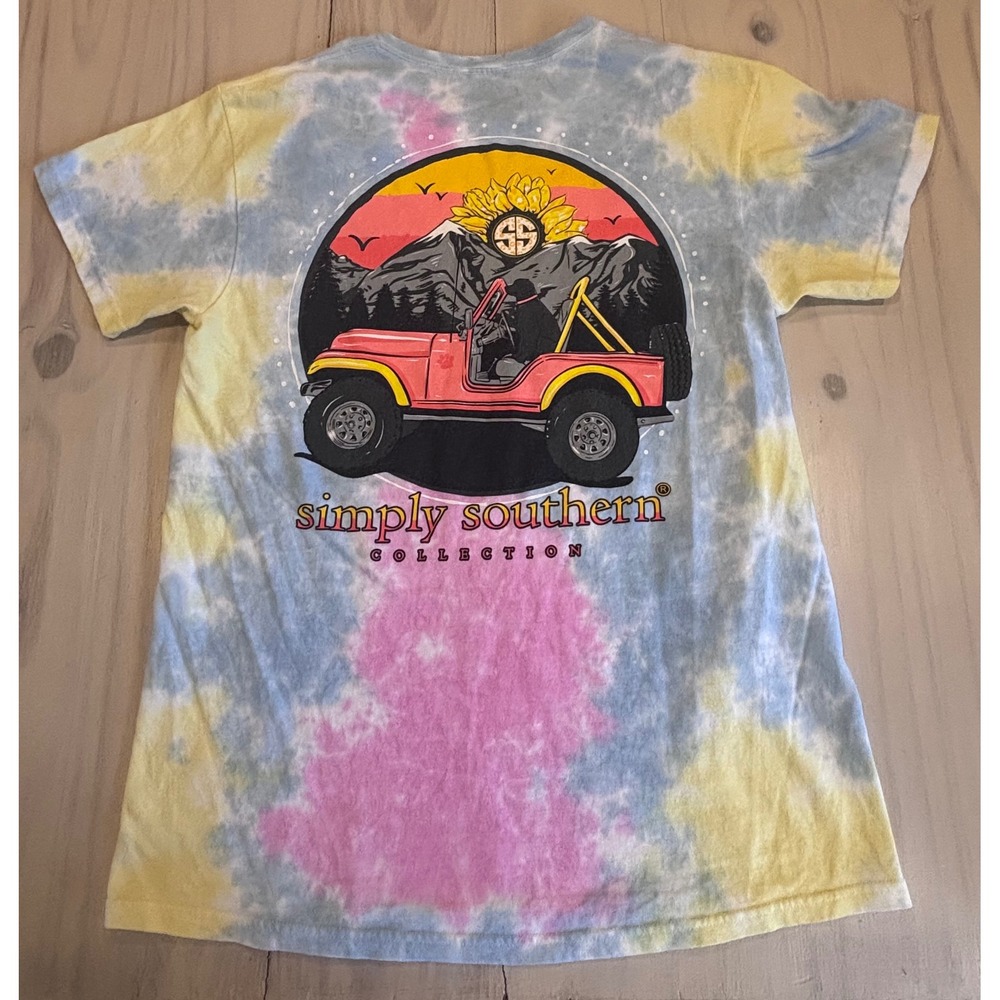 Simply Southern Womens Medium Tie Dye T-Shirt Jeep Mountain Sunflower Graphic